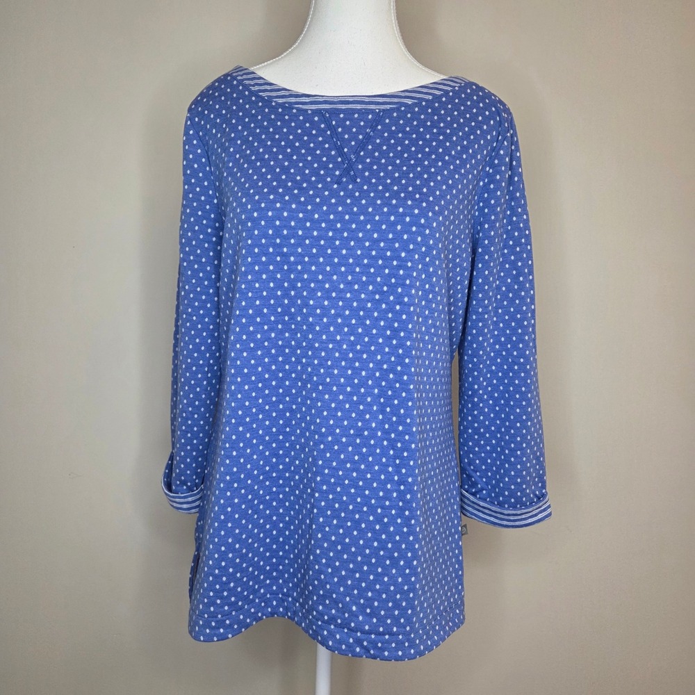 T‎ by Talbots Womens Large Blue Polka Dot Long Sleeve Boatneck Top Striped Cuffs